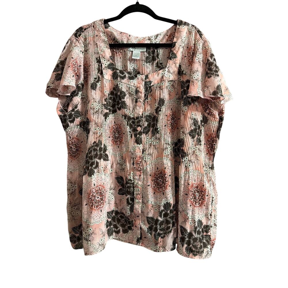 Dressbarn Women's Plus Size Pink & Brown Floral Button Front Blouse Size 3X